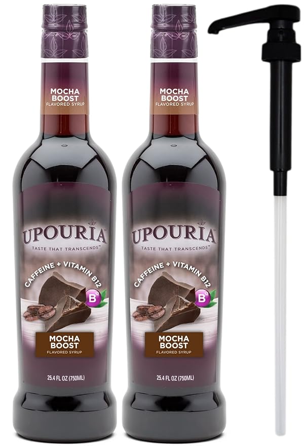 Upouria Mocha Boost Coffee Syrup Flavoring, 100% Vegan, Gluten-Free, Kosher, 750 mL Bottle (Pack of 2) with Coffee Syrup Pump