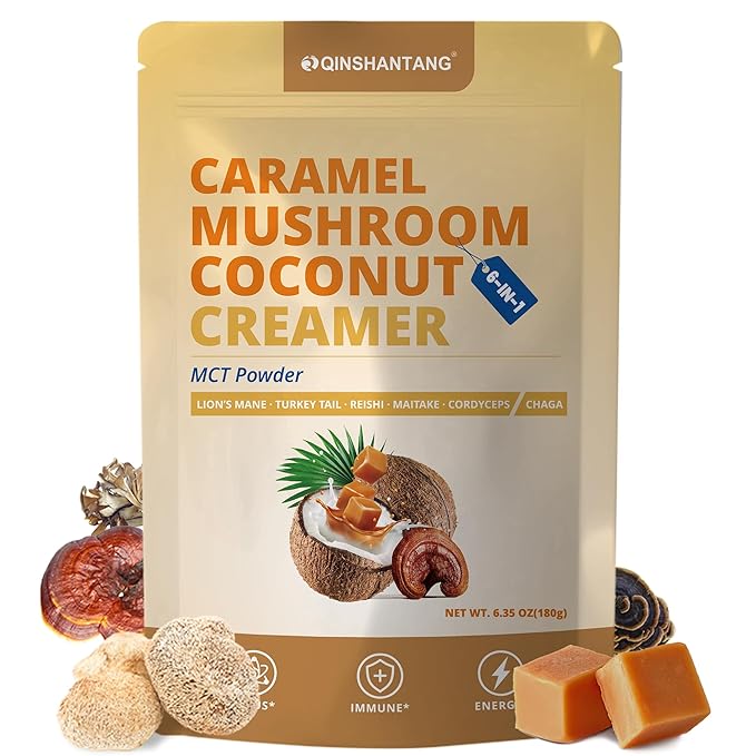 Mushroom Coffee Creamer, Caramel Creamer, Probiotics, MCT Powder and 6 Mushrooms | Lion's Mane, Turkey Tail, Reishi, Maitake, Chaga, Cordyceps | Boosts Energy, Focus, Supports Immunity | Gluten-Free, Vegan, 6.35 Oz