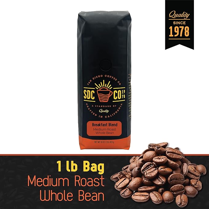 San Diego Coffee Breakfast Blend, Medium Roast, Whole Bean Coffee, 16-Ounce Bag Café en grano tostado
