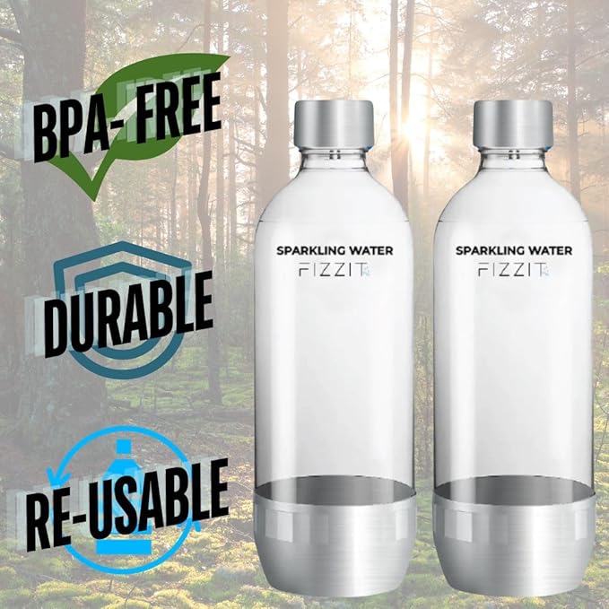 FIZZIT 1L Carbonation Bottles – 2 Pack | Value Set | Compatible with SodaStream & Most Soda Makers | BPA-Free PET, Reusable, Eco-Friendly with Hermetic Sealing Caps (Universal-Bottles)