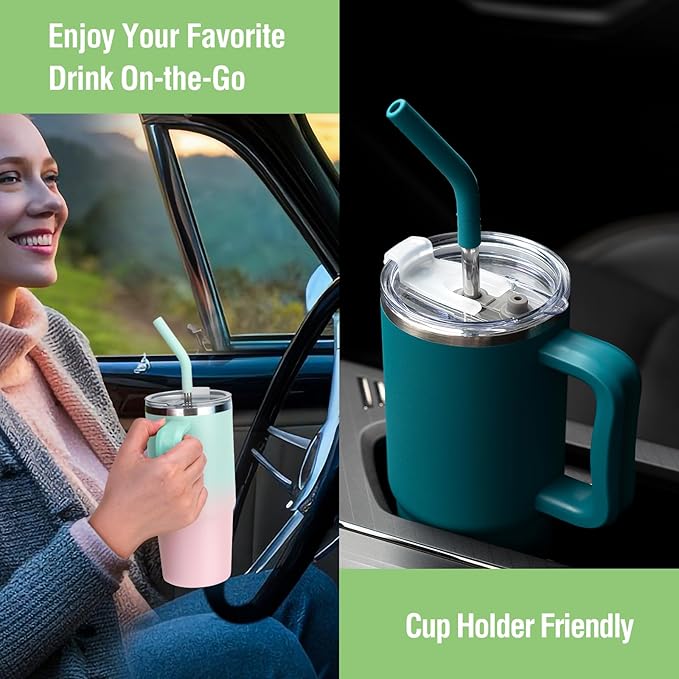 Zukro 24 oz Ceramic Lined Insulated Tumbler with Handle and Straw, No Metal Taste or Smell, Travel Coffee Mug with Spillproof Lids, No Sweat Stainless Steel Cup, Dishwasher Safe, Bluewave
