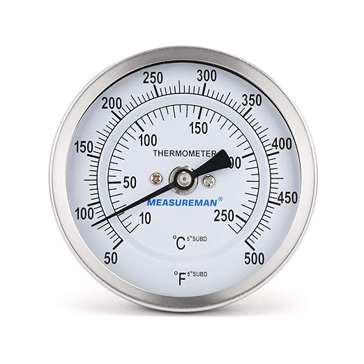 MEASUREMAN Fully Stainless Steel Bimetal Dial Thermometer, 3" Dial, 4" Stem, 50-550 deg F/10-260 deg C, -1% Accuracy, Adjustable, 1/2" NPT Back Mount