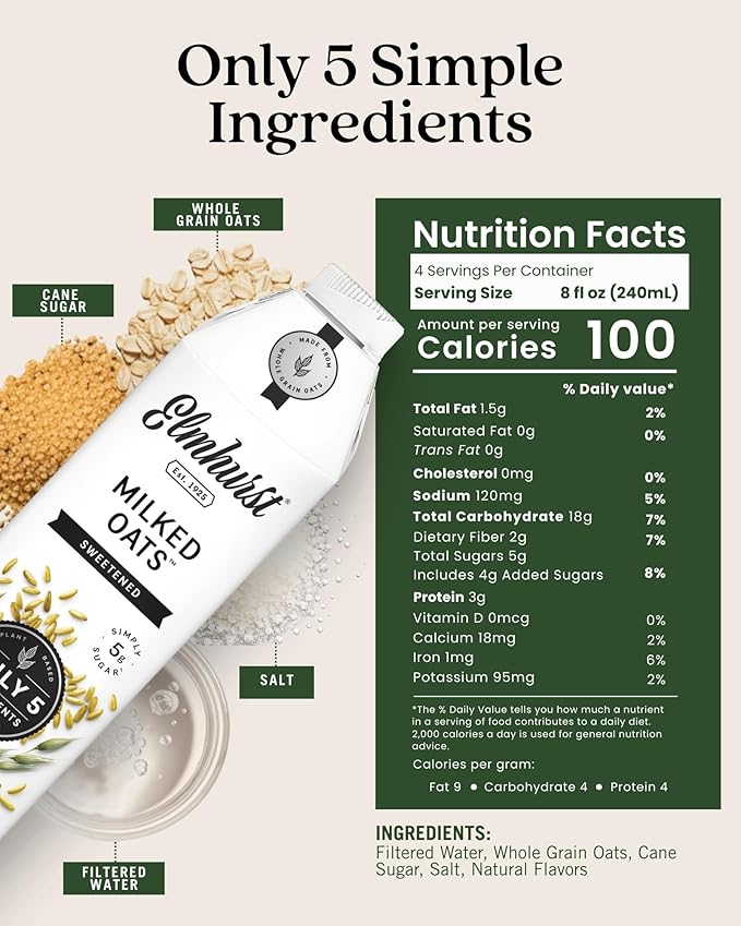 Elmhurst 1925 Sweetened Oat Milk - 32 Ounce (Pack of 6) Dairy-Free, Vegan, Kosher, Gluten-Free, Shelf Stable Plant Based Milk Made with Whole Grain Oats for Healthier Coffee, Latte & Smoothies
