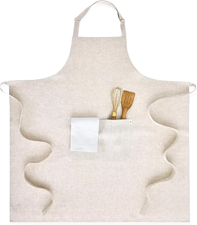 Solino Home 100% Pure Linen Apron for Women & Men - Light Natural Stripe Full Midi Bib Apron, Adjustable Neck Strap with Center Pockets for Kitchen, Chef - Handcrafted from European Flax