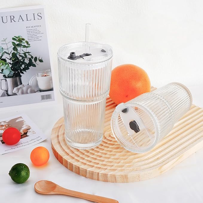 2PCS 20oz Glass Cups with Lids and Straws, Iced Coffee Cups with Lids, Stylish Ribbed Thick Drinking Glasses Tumbler for Juice, Smoothies, Cold Beverages, Cute Cup Gifts with Clean Brush