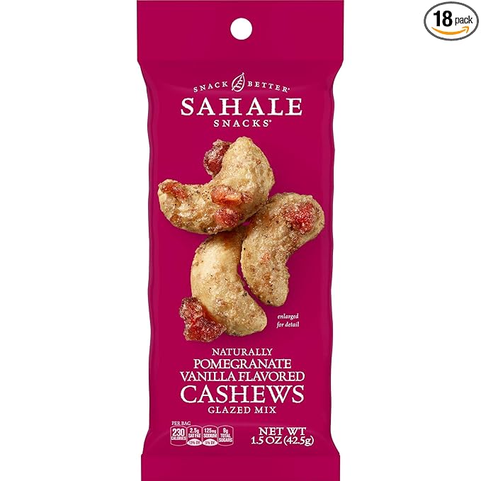Sahale Snacks Pomegranate Vanilla Cashews, 1.5 oz Bags (18 Packs) - Dry-Roasted Deluxe Mixed Nuts with Pomegranate Infused Apples & Madagascar Vanilla - Non-GMO, Kosher, & Certified Gluten-Free Snacks