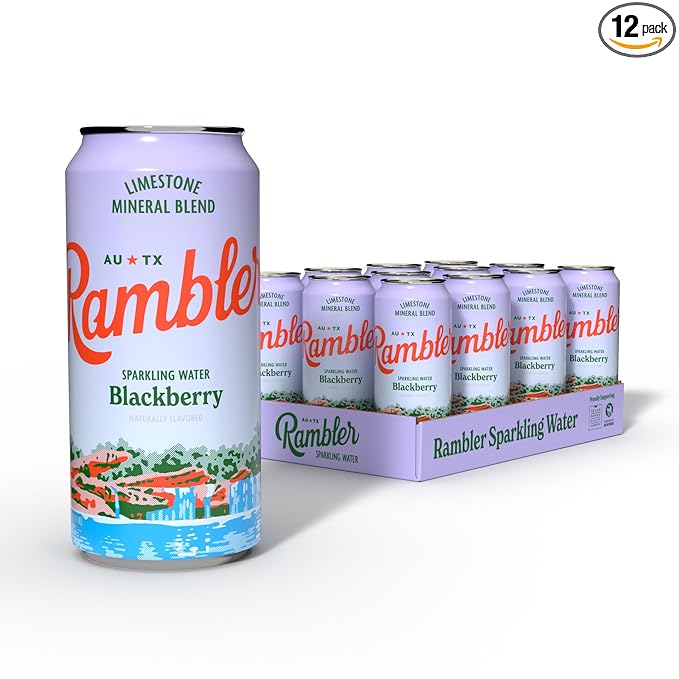 AUTX RAMBLER Sparkling Water, Texas Limestone Mineral Blend, Blackberry Flavor, 16-Ounce Tallboy Cans, 12-Pack