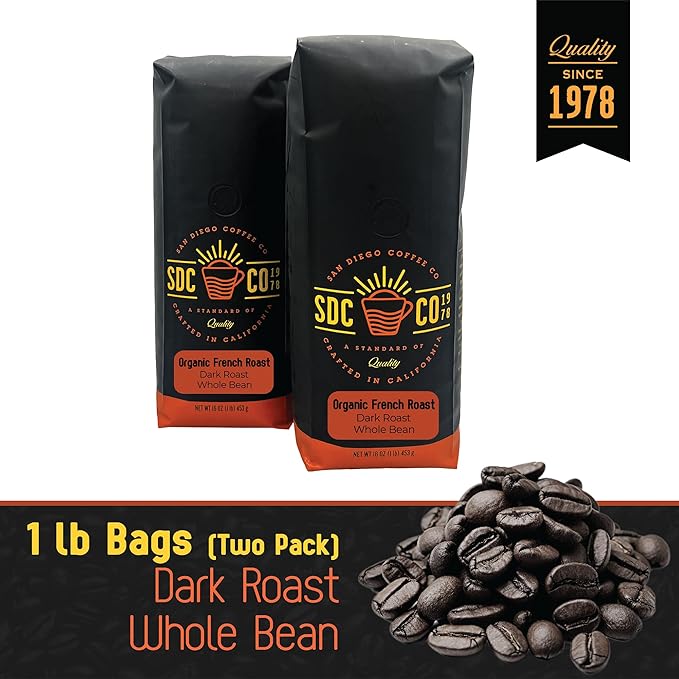 San Diego Coffee Organic French Roast, Dark Roast, Whole Bean Coffee, 16-Ounce Bags (Pack of 2) Café en grano tostado