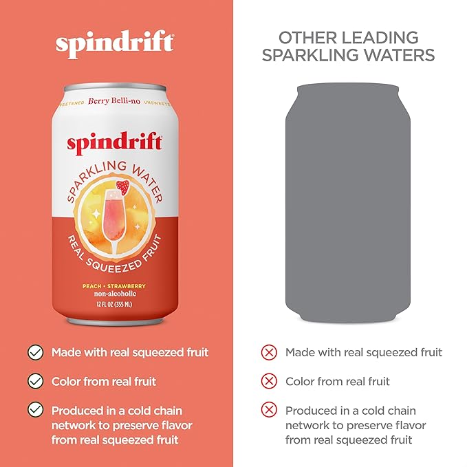 Spindrift Sparkling Water, Berry Belli-no Flavored, Made with Real Squeezed Fruit, 12 Fl OZ Cans, Pack of 24 (Only 13 Calories per Can)