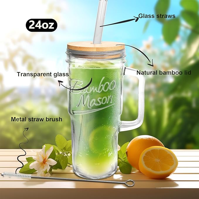 ANOTION Glass Cups with Lids and Straws - 24 oz Tumbler with Handle Halloween Coffee Cups Glass Straws Mason Jar Cups Drinking Set Kitchen Essentials Coffee Bar House Warming Gifts New Home