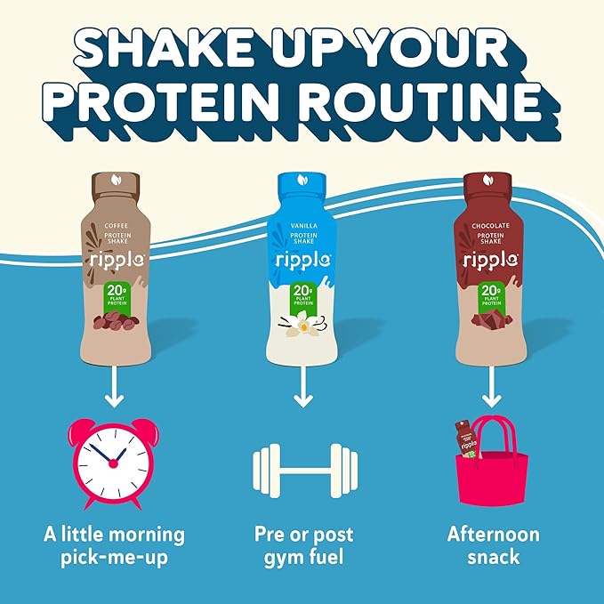 Ripple Vanilla Plant Based Protein Shake | 20g of Quality Sourced Pea Protein, Calcium & Iron Rich | Shelf Stable | Vegan & Non GMO | Dairy, Soy, Nut, & Gluten Free | 12 Fl Oz Bottles (Pack of 12)