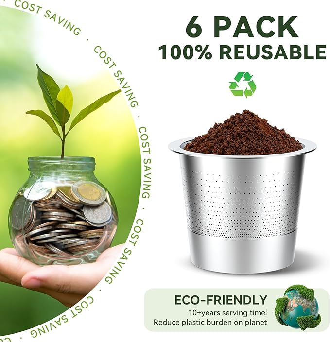 6 Pack Reusable K Cups Coffee Pods for Keurig 1.0: Stainless Steel Refillable K Cup - Reusable Coffee Filter for Keurig 1.0 Coffee Maker, Permanent, Eco-Friendly, Innovative Design