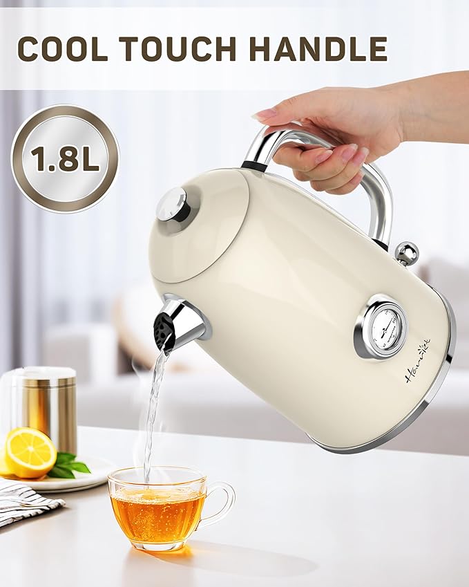 Harriet Electric Kettle, 1.8L Retro Electric Tea Kettle with Thermometer, 1500W Stainless Steel Hot Water Kettle Electric with LED Indicator, Fast Boiling, Cordless, Auto Shut-Off, Beige White