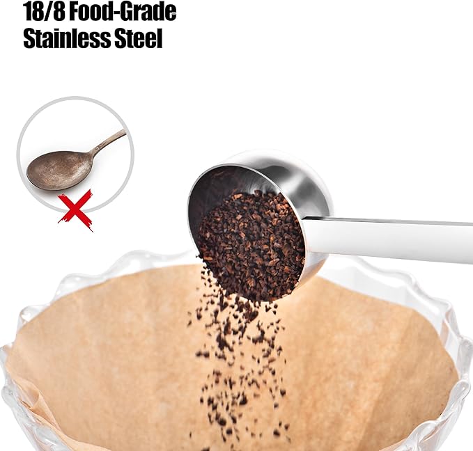 18/8 Stainless Steel Coffee Scoops, Doosu Food-Grade Metal Measuring Spoons with 6.9in Long Handle, Tablespoon Scooper for Coffee Beans, Ground Coffee, Espresso, Protein Powders, Tea (1 & 2 Tbsp)