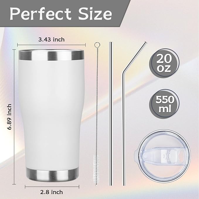 MEZMUT 20oz Coffee Tumbler with Lid and Straw Double Wall Vacuum Insulated Cup Stainless Steel Travel Mugs Insulated for Hot Cold Leakproof Powder Coated Tumbler for Indoor Outdoor(White, 6)