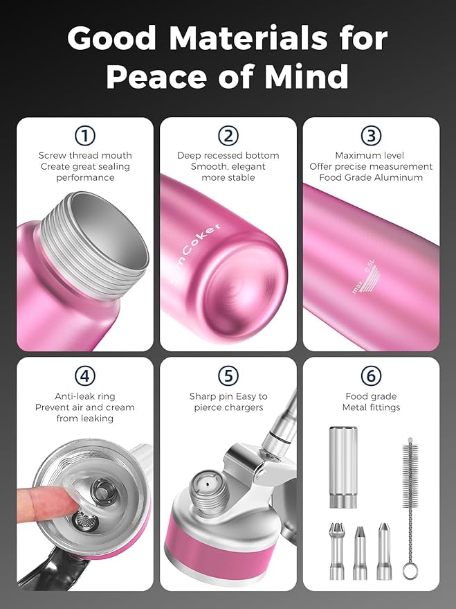 Whipped Cream Dispenser,Aluminum Cream Whipper 500mL/1 Pint,3 Decorating Nozzles,1 Brush, 1 Storage Bag,Homemade Whipped Cream Maker,Pink