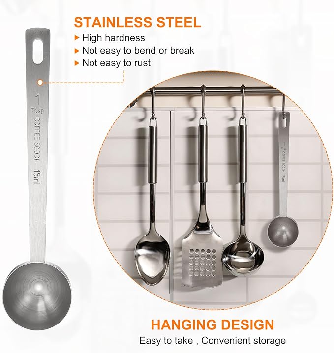 HARFINGTON 3pcs Coffee Scoop Spoon 1tbsp (3tsp, 15ml) 304 Stainless Steel Long Handle Teaspoon/Tablespoon Measuring Spoons Scoops for Tea Sugar Kitchen, Silver