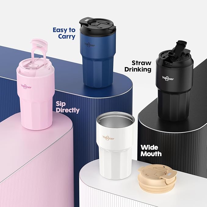 16 oz Coffee Insulated Tumbler with Lid and Flip Straw, Leak-Proof Food Grade 304 Stainless Steel Travel Coffee Mug, Double Wall Vacuum Cup for Hot and Cold Drinks (Black)