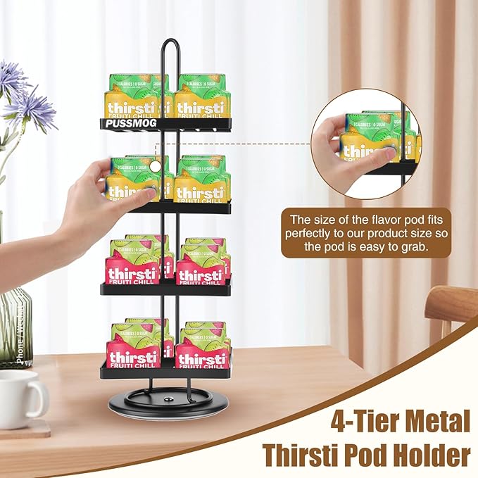16 Flavor Pods Storage Holder, Turntable 360° 4-tier Flavored Water Drops Organiser,Compatible with Ninja Thirsti Drink System,360° Rotating Storage Rack for Ninja Thirsti Soda Maker WC2002