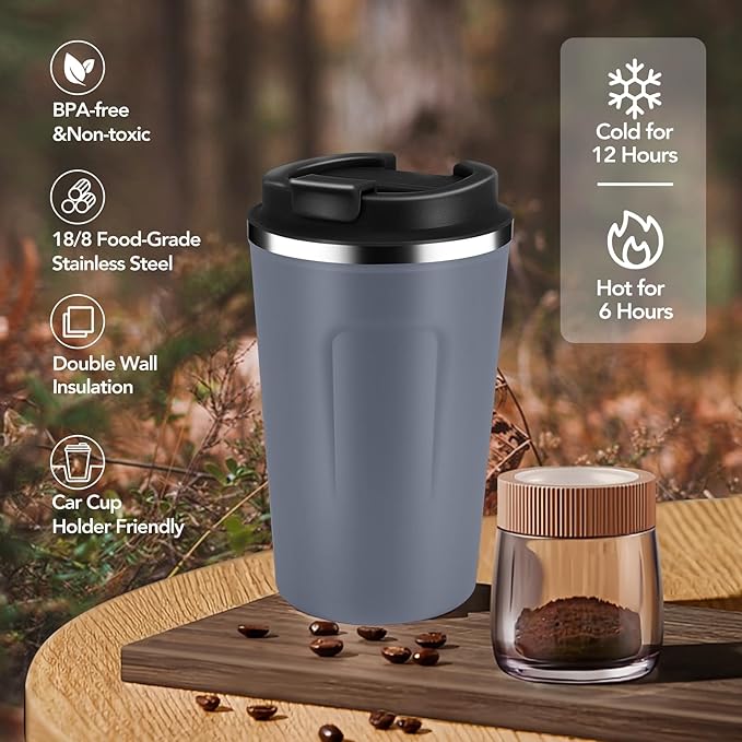 Volhoply 12 oz Double Wall Insulated Vacuum Travel Coffee Mug with Flip Lid Bulk 8 Pack,Reusable Stainless Steel Leak Proof Coffee Cup,Portable Cafe Thermal Tumblers for Hot & Cold Drinks(Gray,8 Set)