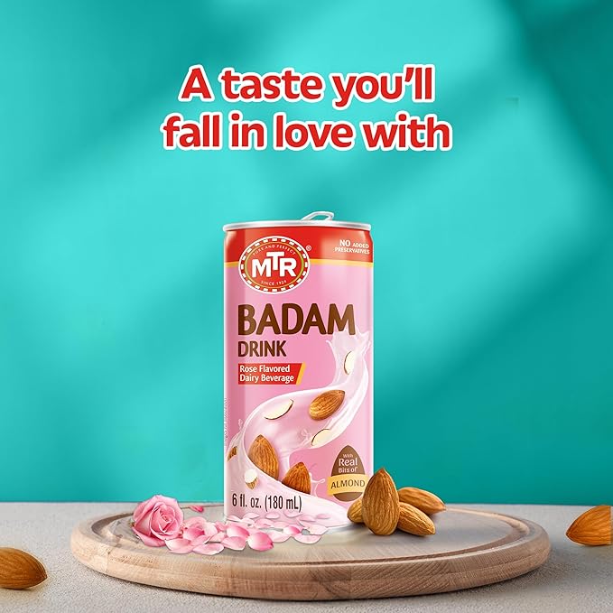 MTR Badam Drink - Rose Flavored, Ready-to-Drink - Authentic Indian Almond Milk Beverage, Real Bits of Almond, No Added Preservatives, Gluten-Free, Refreshing Drink, Perfect for Anytime Refreshment, Pack of 6
