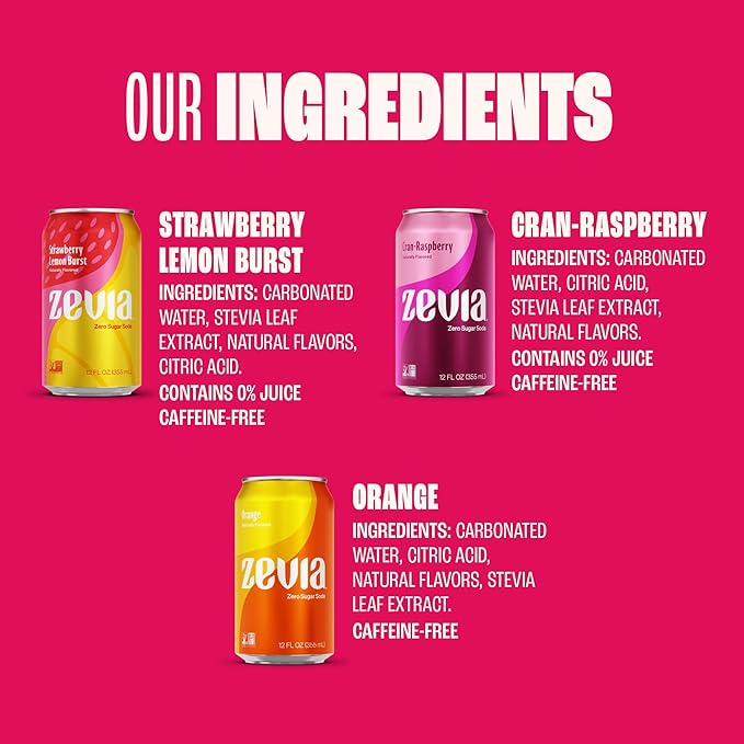 Zevia Zero Sugar Soda, Fruity Variety Pack, 12 oz Cans (24-Pack) – Naturally Sweetened, Zero Calorie Sugar Free Soda - Non-GMO Project Verified, Gluten-Free, Vegan