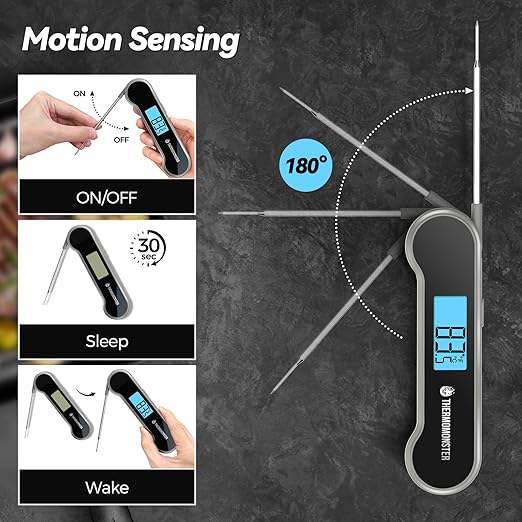 0.5 Sec Instant Read Meat Thermometer Digital with ±0.5℉ Precision, 100% Waterproof Auto Flip Bright LCD Screen, Motion Sensing Food Thermometer for Cooking Kitchen Oven Grill Candy BBQ, Grey