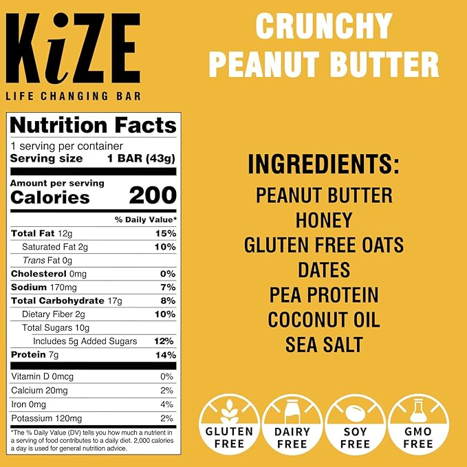 KiZE Energy Bars - Peanut Butter Lovers Variety Pack - 20-Count - Gluten Free, Dairy Free Options, Non-GMO, and High Protein Meal Replacement Energy Bars, Clean and Simple Food Ingredients - 7-10g High Protein Snacks (20 Count)
