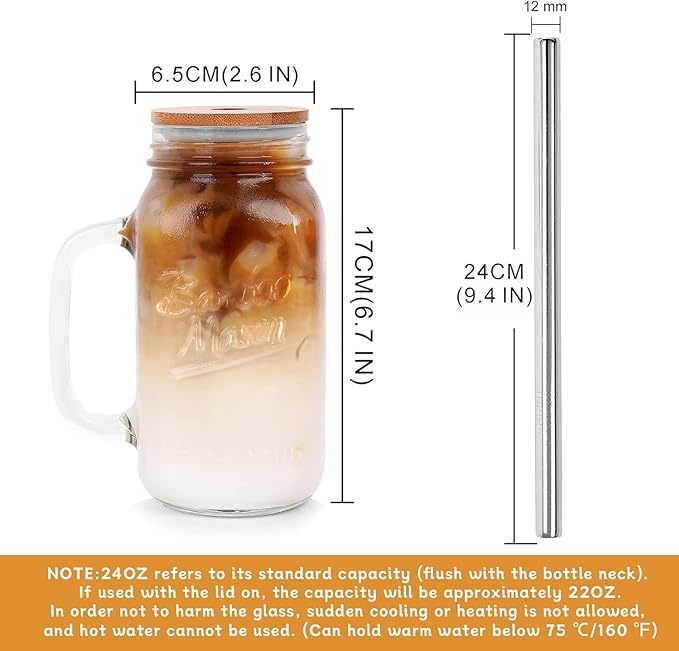 ANOTION Mason Jar with Lid and Straw, 24 oz Regular Mouth Mason Jars with Handle Drinking Glasses Tumbler Reusable Cups Smoothie Water Bottles for Iced Coffee (Classic 2 cups Style)