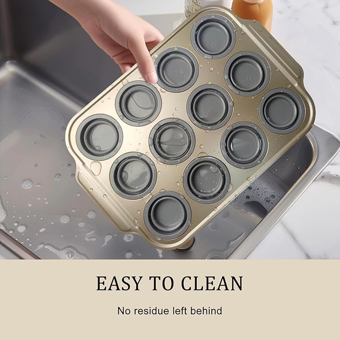 2 Pieces Carbon Steel 12 Hole Press Baking Silicone Cake Molds, Cupcake Baking Slices (12 Regular Sizes), Muffin Baking Sheets (Easy to Pop), Oven Safe Nonstick Non-Toxic Baking Pan