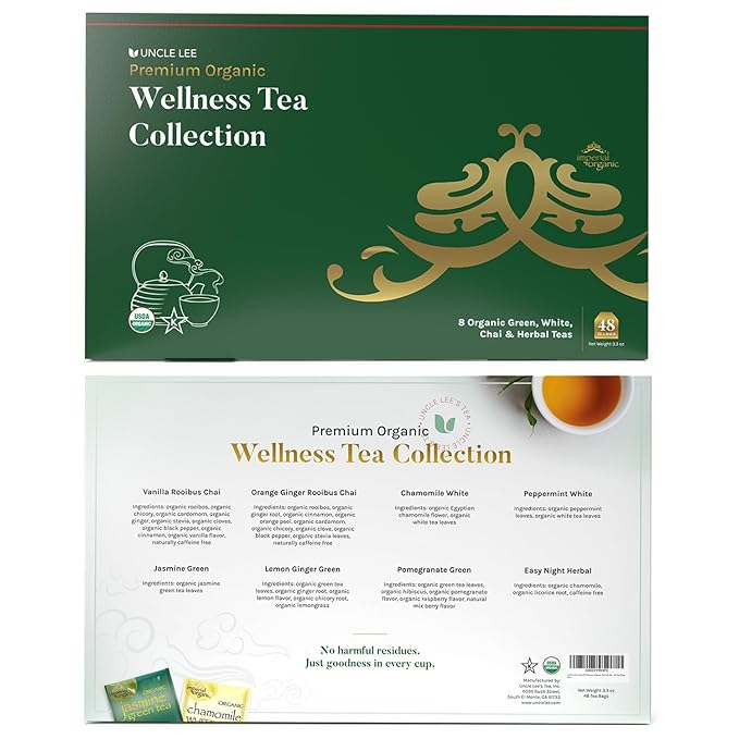 Uncle Lee’s Organic Tea Variety Gift Set – Wellness Collection with 8 Teas (6 Bags Each) in a Premium Gift Box, 3.3 Oz