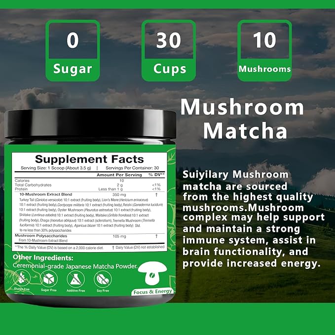 10 Mushroom Matcha Powder with Lion's Mane, Reishi, Mushroom Polysaccharides & More, 3500mg(10:1) Extract, Japanese Ceremonial Matcha for Focus, Energy, Immunity Boost, Memory - 30 Serving