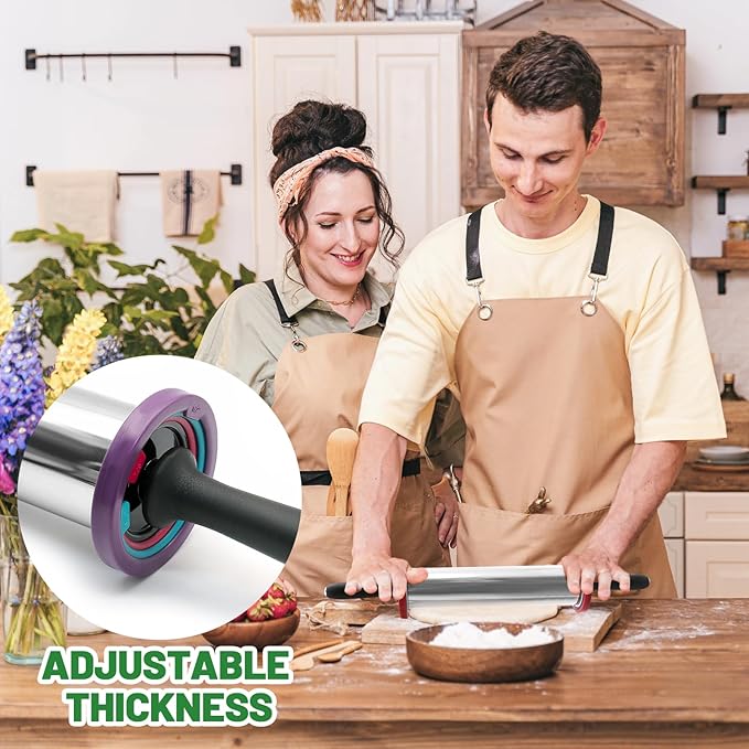 Rolling Pins,Rolling Pin and Silicone Baking Pastry Mat Set,Rolling Pins,Adjustable Stainless Steel Rolling Pin with Thickness Rings for Baking Dough,Pizza,Pie,Pasta(Black Mat)