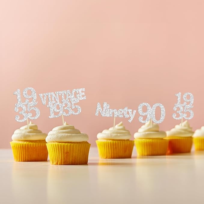 Gyufise 24Pcs 90th Birthday Cupcake Toppers Glitter Cheers to 90 Fabulous Ninety Vintage 1935 Cupcake Picks 90th Birthday Wedding Anniversary Party Cake Decorations Supplies Silver