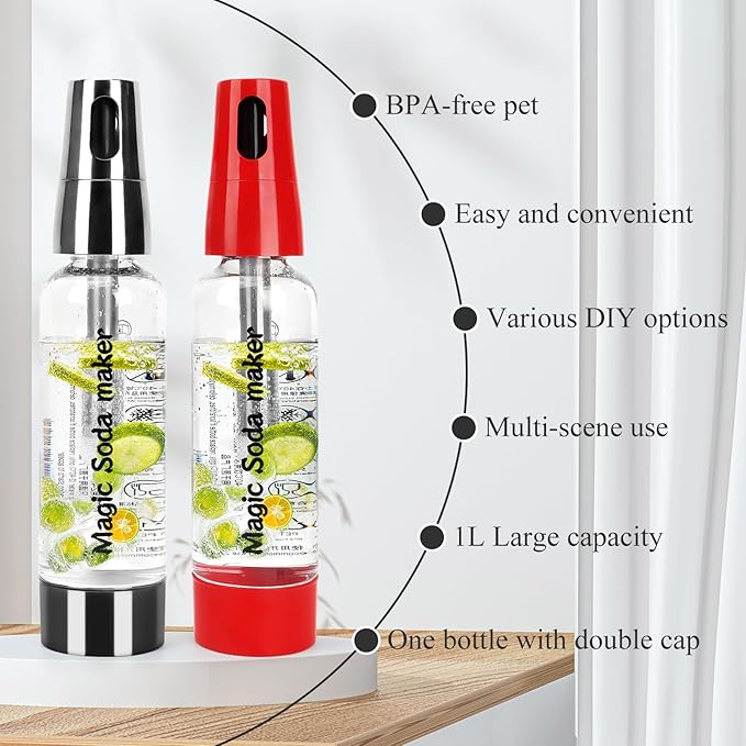 Portable Soda Siphon, 1L Travel Sparkling Water Maker Machine for Home & Outdoor, Carbonated Water Soda Streaming Machine, Soda Maker for Cocktails or Fizzy Drink, 8 gram CO2 Cartridges(Not Included)