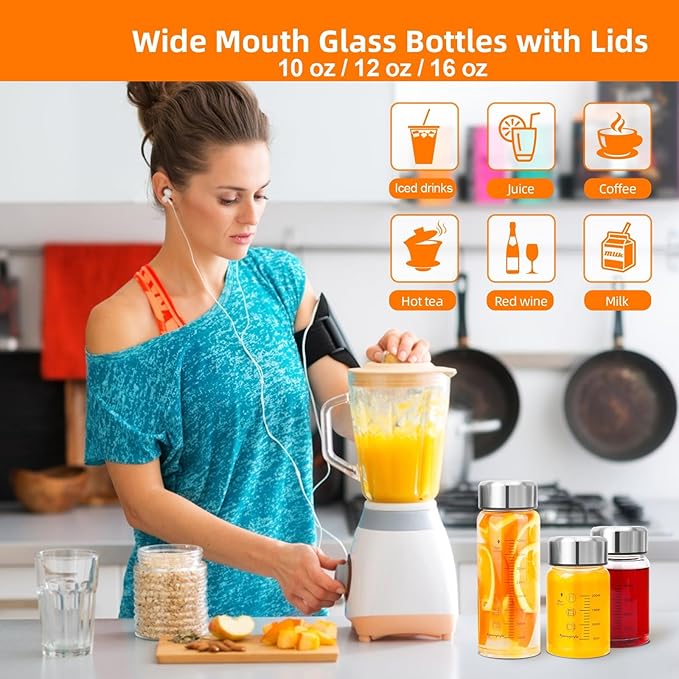 Glass Juice Bottles 4 Pack 10 oz - Wide Mouth Glass Water Bottles with Lids - for Juicing, Smoothies, Milk, Protein, BPA Free, Reusable, Stainless Steel Lids, Leak Proof, Shaker bottle (10oz/300ml)