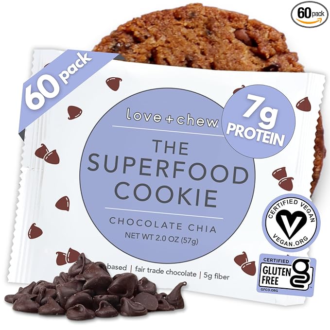Love + Chew Superfood Soft Baked Cookies, Chocolate Chia Flavor, Plant Based Cookie Made With Chia Seeds & Dark Chocolate for Kids and Adults, Vegan Snacks, Gluten Free, Paleo, Non GMO, 60 Pack