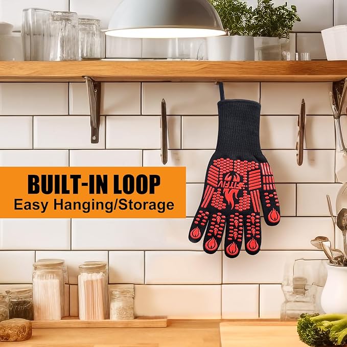 BBQ Gloves, Oven Gloves, Extreme Heat Resistant Barbecue Gloves, Silicone Non-Slip Oven Mitts, Kitchen Gloves for Cooking, Grilling, and Baking (Red)