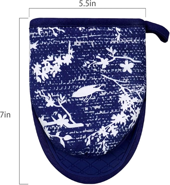 Mini Silicone Oven Mitts, Heat and Slip Resistant Kitchen Gloves 2-Pack Set, Birds Flower Soft Short Oven Mittens, Flexible Thick Pot Holders for Safe Cooking Baking and Grilling (Navy)