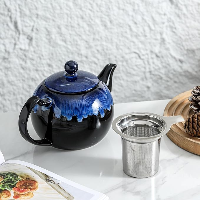 KOOV Tea Pot with Infuser for Loose Tea, 34 ounce Ceramic Teapot with Infuser, Enough For 6 Cups, Tea Pots with Tea Strainers for Tea Party, Reactive Glaze (Nebula Blue)