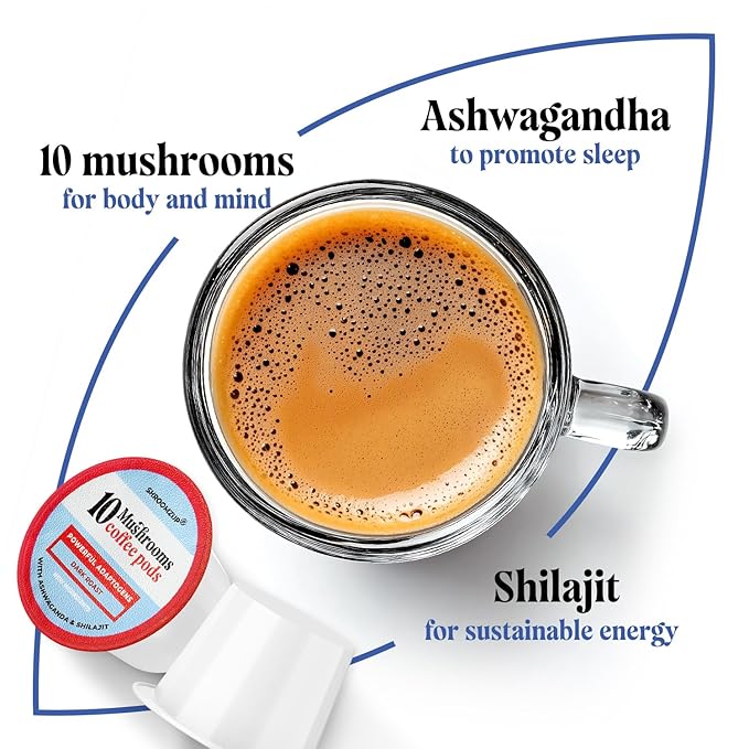 Shroomzup Mushroom Coffee K Cups 24 Pods - 10 Mushroom Coffee with Ashwagandha and Shilajit - Dark Roast Single Serve K-Cup Pods