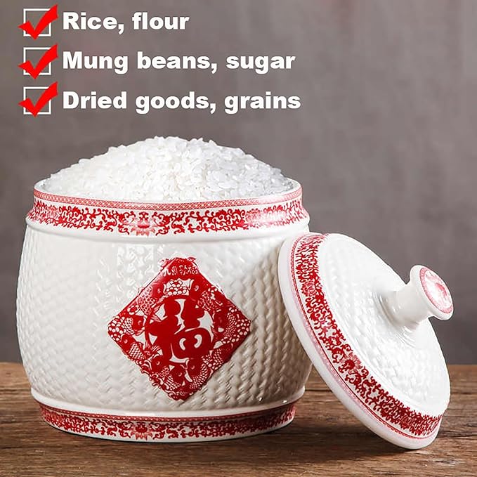 Chinese Sealed Large-Capacity Rice Pot, Ceramic Rice Bucket With Tassel Design, Grain Storage Ceramic Container, Rice Dispenser Airtight Storage Bucket For Grains Snacks Candy Coffee Beans Food(E,Capa