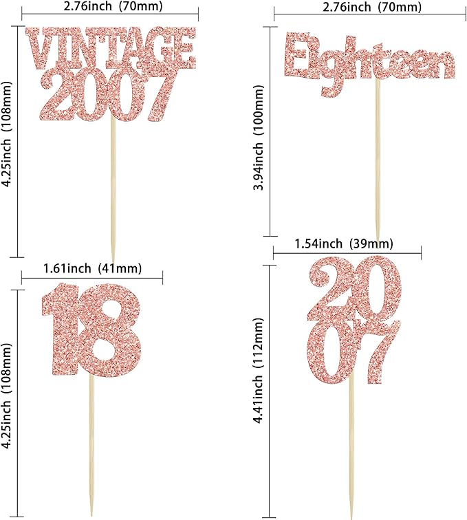 Gyufise 24Pcs 18th Birthday Cupcake Toppers Glitter Eighteen Vintage 2007 Hello 18 Years Birthday Cupcake Picks Adultish 18 Cake Decoration for Happy 18th Birthday Anniversary Party Supplies Rose Gold