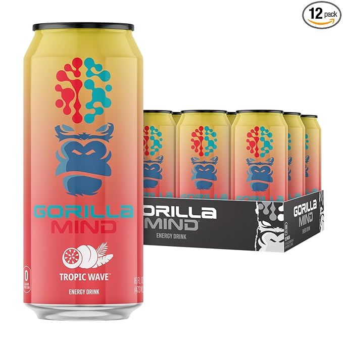 Gorilla Mind Energy Drink | Unmatched Energy · Amplified Focus | N-Acetyl-L-Tyrosine, Alpha-GPC, 200mg Caffeine, Uridine, Saffron | 0 Sugar Or Artificial Colors | 16oz, 12-Pack (Tropic Wave)