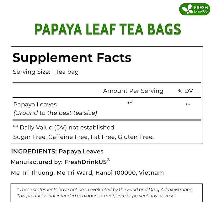 FreshDrinkUS Premium 135 Papaya Leaf Tea Bags, 100% Natural & Pure. Loose Leaf Herbal Tea. Made with Natural Material Tea Bags. No Sugar, No Caffeine, No Gluten, Vegan
