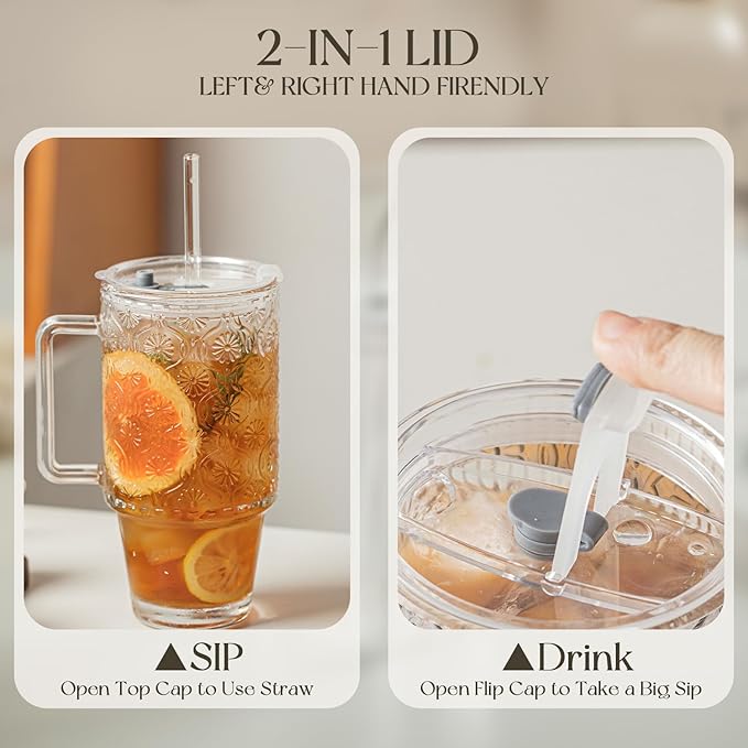 KEMORELA 4-Pack 24 Oz Glass Tumblers with Straws and Lids, Iced Coffee Cups with Begonia Floral Pattern, Smoothie Cups with Handles, Reusable Cold Drinkware, Glass Tumblers for Beverages