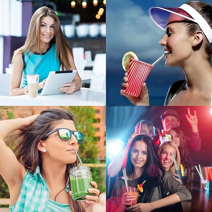 Set of 10 Stainless Steel Straws, HuaQi Bent Reusable Drinking Straws 10.5'' Long 0.24‘’ Dia for 30 oz Tumbler and 20 oz Tumbler, 2 Cleaning Brush Included