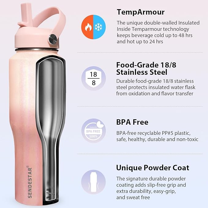 SENDESTAR 32oz Water Bottle Wide Mouth Stainless Steel Vacuum Insulated Double Wall with 2 Straw Lids Fit in Any Car Cup Holder