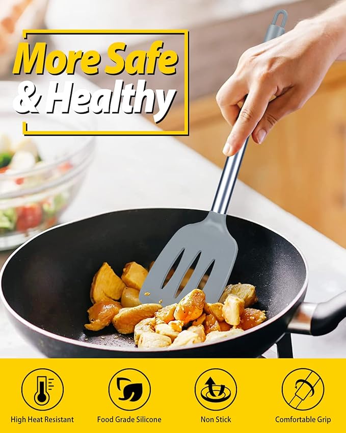 Pack of 2 Silicone Solid Turner, Non Stick Slotted Kitchen Spatulas, High Heat Resistant BPA Free Cooking Utensils, Ideal Cookware for Fish, Eggs, Pancakes(Gray)