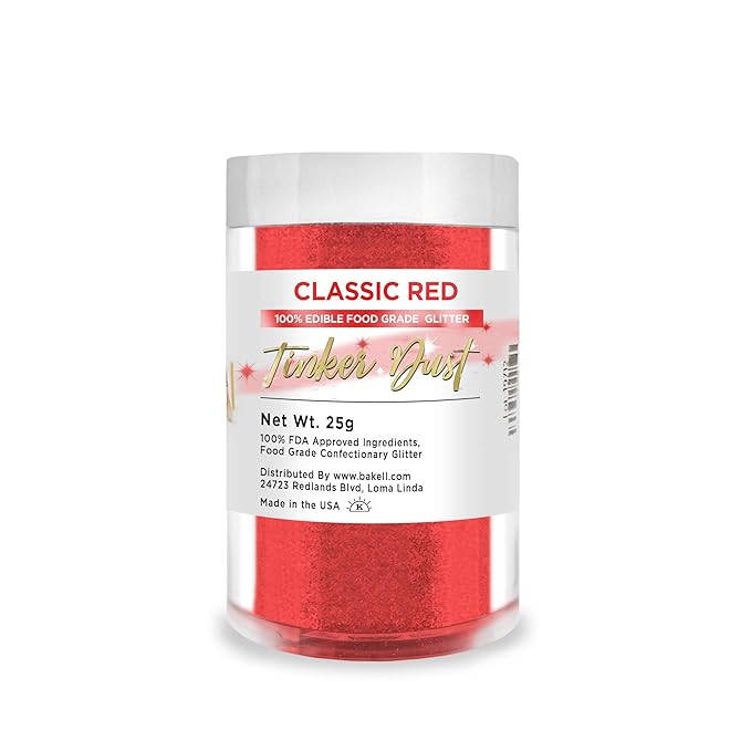 BAKELL Classic Red Edible Glitter, 25 Grams | TINKER DUST Edible Glitter | KOSHER Certified | 100% Edible Glitter | Cakes, Cupcakes, Cake Pops, Drinks, Dessert Vegan Glitter & Dusts (25g, Classic Red)